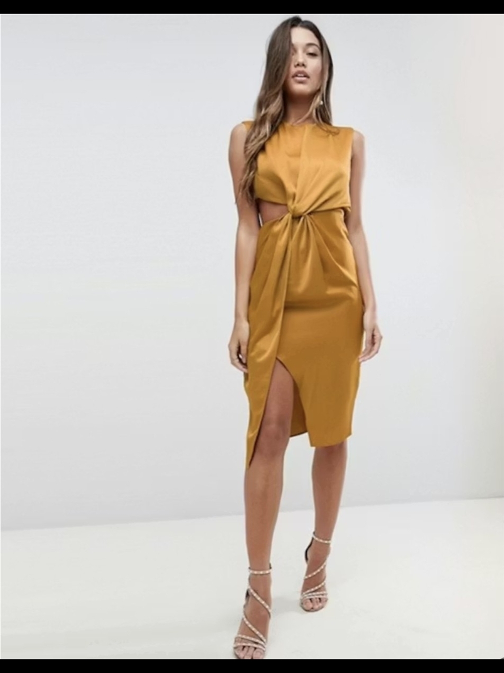 ASOS Mustard Twist-Front Midi Dress with Side Cutout